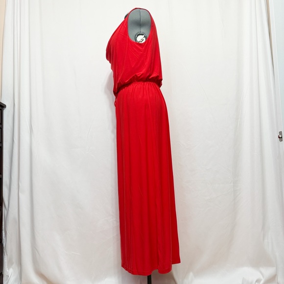 Soho Apparel Ltd Sz L  Coral Red Cowl Neckline Elasticized Waist Maxi Dress - Picture 8 of 9